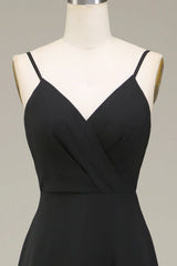 A-line thin shoulder strap black chiffon long bridesmaid dress