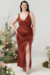 Terracotta Sheath V Neck Open Back Plus Size Bridesmaid Dress