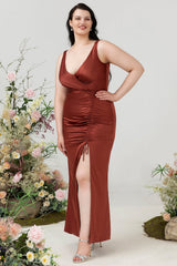 Terracotta Sheath V Neck Open Back Plus Size Bridesmaid Dress