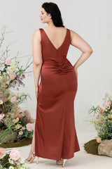 Terracotta Sheath V Neck Open Back Plus Size Bridesmaid Dress