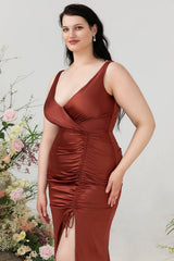 Terracotta Sheath V Neck Open Back Plus Size Bridesmaid Dress