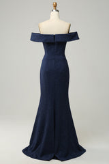 Navy Off The Shoulder Sparkly Sheath Long Bridesmaid Dress