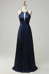 Navy Blue Hanging Neck Satin Open Back Long Bridesmaid Dress