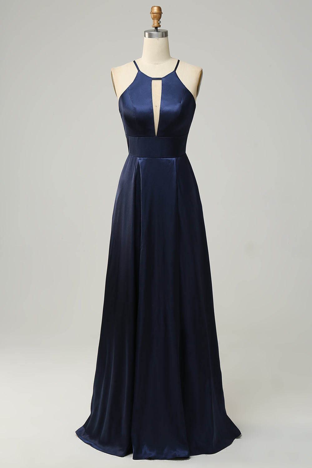 Navy Halter Satin Open Back Long Bridesmaid Dress