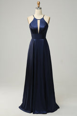 Navy Halter Satin Open Back Long Bridesmaid Dress