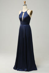 Navy Halter Satin Open Back Long Bridesmaid Dress