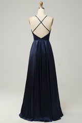 Navy Halter Satin Open Back Long Bridesmaid Dress