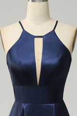 Navy Halter Satin Open Back Long Bridesmaid Dress