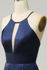 Navy Halter Satin Open Back Long Bridesmaid Dress