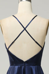 Navy Halter Satin Open Back Long Bridesmaid Dress