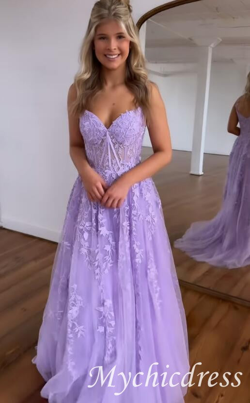 A Line 2024 Lace Violet purple Prom Dresses Lilac Long Formal Dress