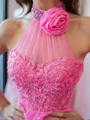 A Line Backless Halter Neck Beaded Pink Lace Long Prom Dresses, Layered Pink Chiffon Formal Dresses, Pink Evening Dresses with High Slit