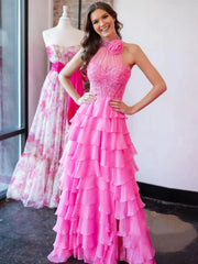 A Line Backless Halter Neck Beaded Pink Lace Long Prom Dresses, Layered Pink Chiffon Formal Dresses, Pink Evening Dresses with High Slit