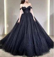 A Line Black Gothic Wedding Dresses Off the Shoulder Lace Tulle Sexy