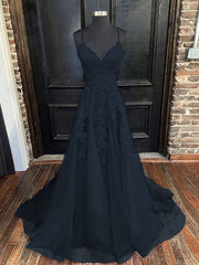 A Line Blue Lace Prom Dresses 2024 Cheap V Neck Formal Dresses