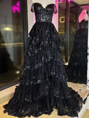 A Line Black Lace 2024 Prom Dresses Tiered Sequins Off the shoulder