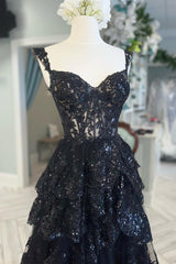 A Line Black Lace 2024 Prom Dresses Tiered Sequins Off the shoulder