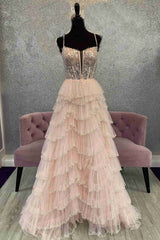 A Line Black Long Tiered Prom Dresses Sequined Layered Straps