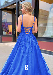 A Line Blue Lace Prom Dresses 2024 Cheap V Neck Formal Dresses