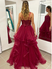 A Line Burgundy Lace Prom Dresses 2024 V Neck Tulle Formal Gown