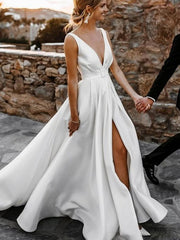A Line Deep V Neck Ivory Satin Wedding Dresses, V Neck Ivory Satin Prom Evening Dresses with Leg Slit