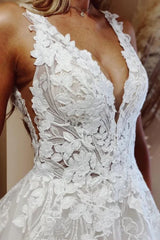 A Line Deep V Neck Lace Wedding Dresses Applique Brida Gown