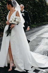 A Line Deep V Neck Open Back White Long Wedding Dresses Bridal Gown TN359