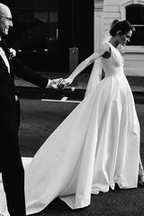 A Line Deep V Neck Open Back White Long Wedding Dresses Bridal Gown TN359
