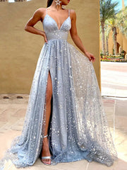 A Line Glittering Sexy Blue Prom Dresses, Shiny V Neck Blue Formal Graduation Dresses