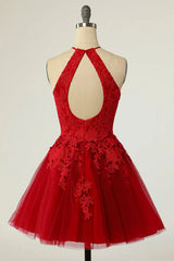 A Line Halter Short Red Homecoming Dress with Appliques TN421