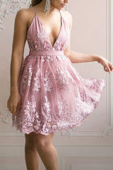 A Line Lace Appliqued V-neck Short Homecoming Dress HD0103