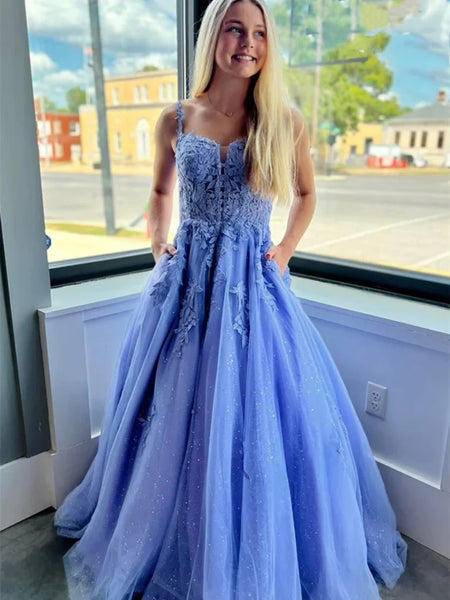 A Line 2024 Lace Blue Long Prom Dresses Straps with Pockets