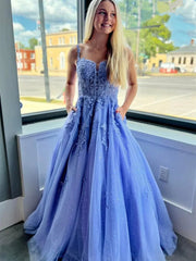 A Line 2024 Lace Blue Long Prom Dresses Straps with Pockets