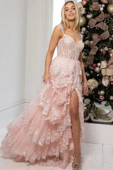 A Line Lace Tiered Stunning Prom Dress Evening Dress With Split,AST1230