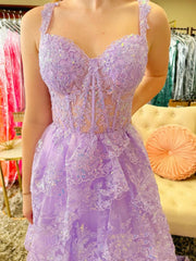A Line Layered Purple Lace Long Prom Dresses with High Slit, Purple Lace Formal Dresses, Lilac Evening Dresses with Train