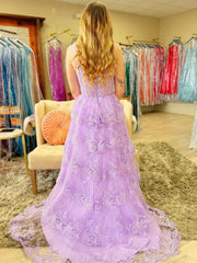 A Line Layered Purple Lace Long Prom Dresses with High Slit, Purple Lace Formal Dresses, Lilac Evening Dresses with Train