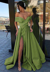 A Line Long Off Shoulder Slit Light Blue Prom Dresses 2024