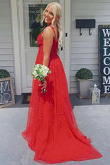A Line Long Red Lace Graduation Dresses V Neck Split