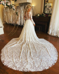 A Line Long Sleeves Lace Floral Wedding Dresses with Button