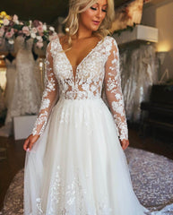 A Line Long Sleeves Lace Floral Wedding Dresses with Button