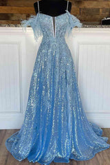 A Line Off-the-Shoulder 2024 Blue Plus Size Prom Dresses Sequin Feather with Slit