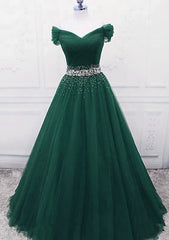A Line Off the Shoulder Tulle Purple Prom Dresses with Beaded