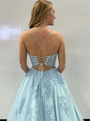 A Line Open Back Light Blue Lace Long Prom Dresses, Light Blue Lace Formal Dresses, Light Blue Evening Dresses