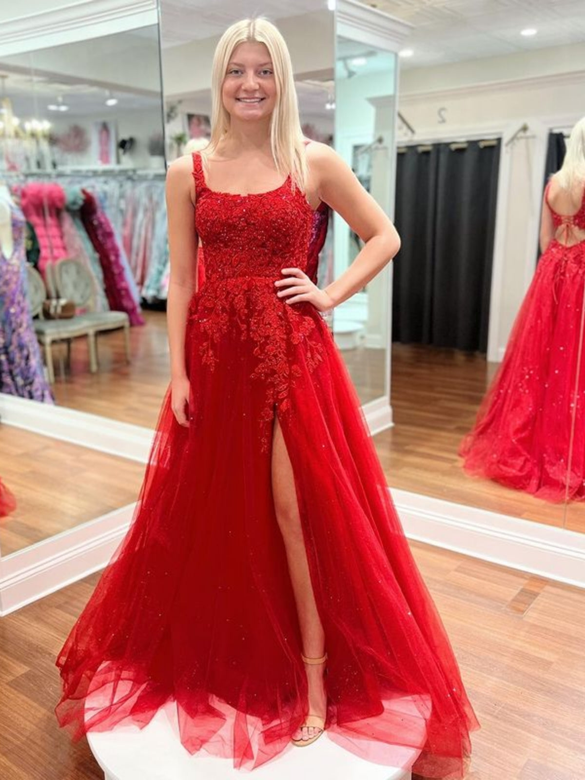 A Line Open Back Red Lace Long Prom Dresses with High Slit, Red Lace Formal Dresses, Red Evening Dresses