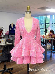 A Line Pink Cocktail Dresses Long Sleeve Sequin Homecoming Dresses V Neck