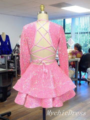 A Line Pink Cocktail Dresses Long Sleeve Sequin Homecoming Dresses V Neck