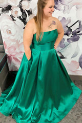 A Line 2024 Plus Size Prom Dresses Green Satin Long Formal Dress with Pockets