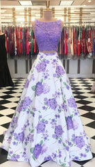 A Line Purple Floral Lace Two Piece Prom Dresses with Bowknot