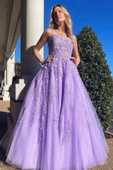 2024 A Line Purple Lace Violet Prom Dresses Open Back Long Formal Dresses