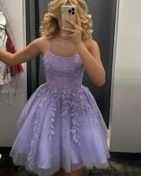 A Line 2024 Violet Purple Lace Short Prom Dresses Lilac Mini Homecoming Dresses